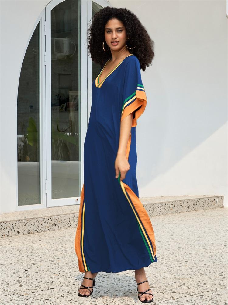 EDOLYNSA Chic V-neck Plus Size Kaftan Long Beach Dress 2024 Women Summer Holiday Beachwear Swimsuit Cover Up Loose Cozy House Robe Q1615