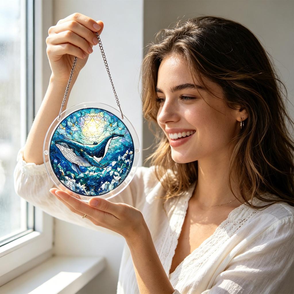 Acrylic Sun Catcher Window Hanging Decoration with Whale Design 2D Circular Shape Pendant for Indoor Outdoor Display and Home Ornament