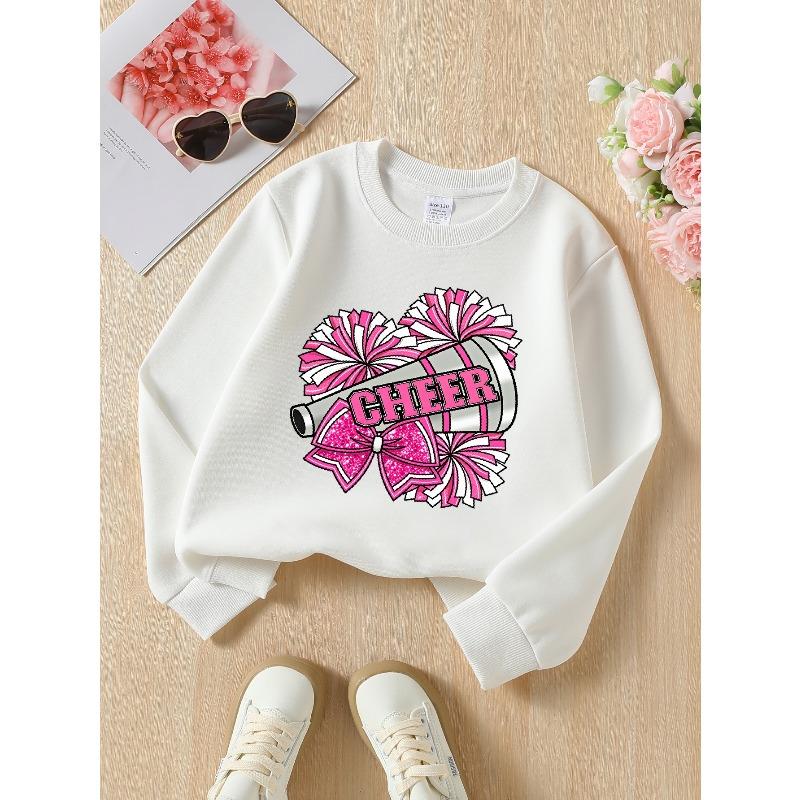 European sizes Girls Soft Crewneck Sweatshirt Pink Cheer Megaphone Pom Poms Bow Print, Casual All-Match, Ideal Holiday Present
