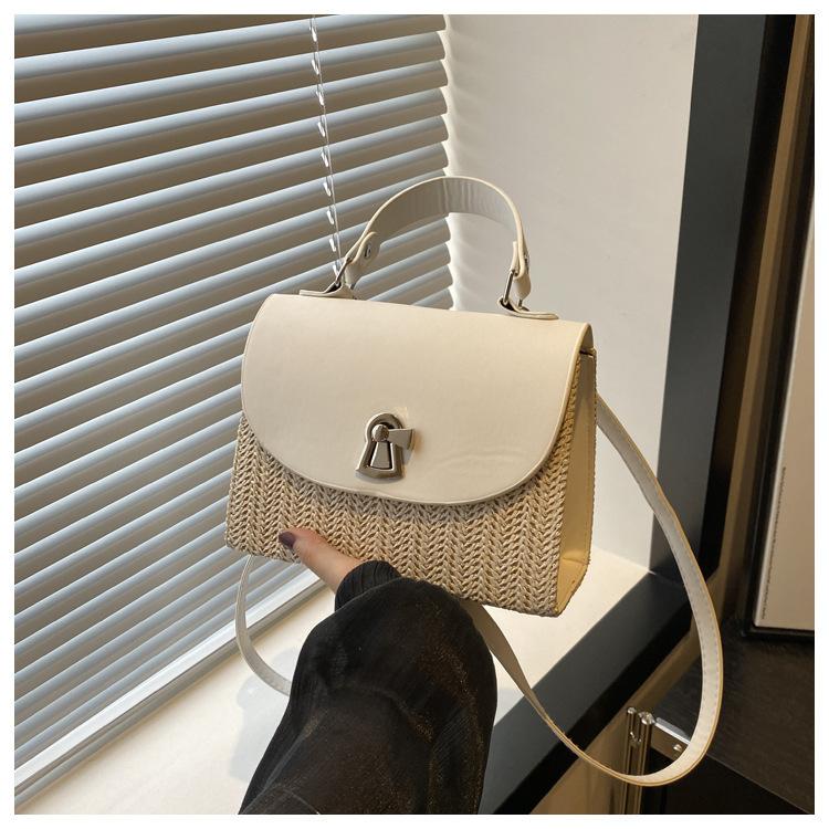 Woven Splicing Fashionable Personalized Lock 2025 Foreign Style Summer New Straw Crossbody Shoulder Portable Small Square Women's Bag