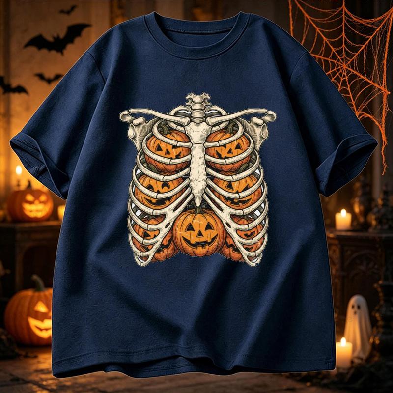 Halloween Skeleton Rib Cage Pumpkin Graphic T Shirt Vintage Chest Bone Print Tees Short Sleeve Unisex Gothic Holiday Casual Tops