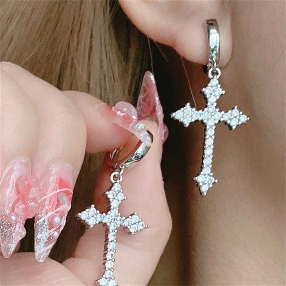 

Gold/Silver Cross Pendant Earrings Cross Rhinestone Fashion Earrings Drop Hoop Earrings Women золотий