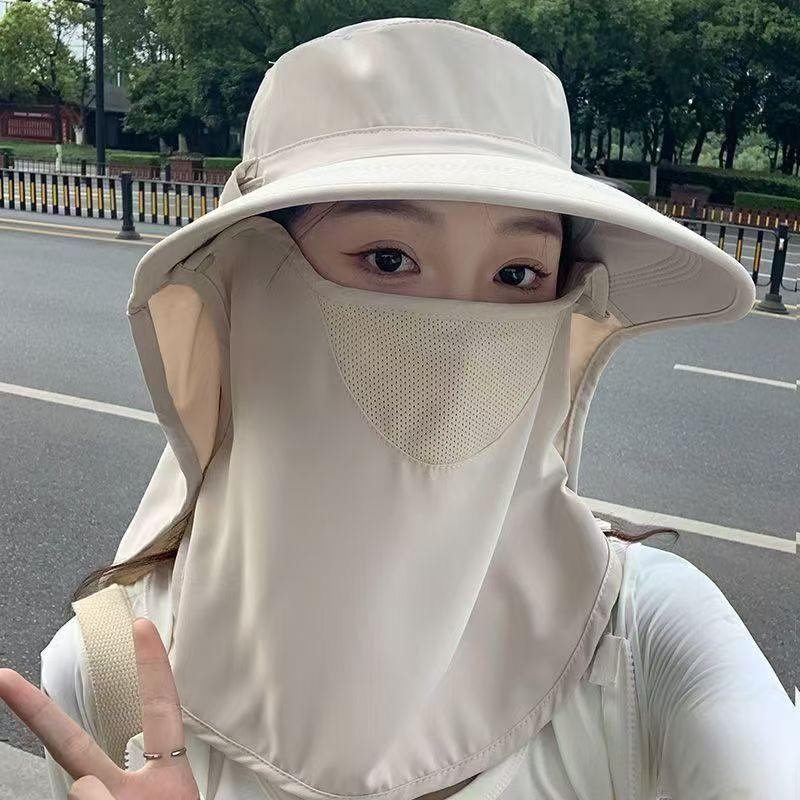 Big Brim Summer Hat Women's Breathable Face Mask, Neck Protection Integrated Sun Hat UV Protection Outdoor Sun Hat
