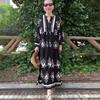 Lady Spring Maxi Dress V Neck Retro Contrast Color Printed Long Sleeves Loose Single-breasted A-line Patchwork Casual Daily Dress