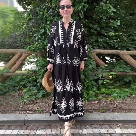 Lady Spring Maxi Dress V Neck Retro Contrast Color Printed Long Sleeves Loose Single-breasted A-line Patchwork Casual Daily Dress