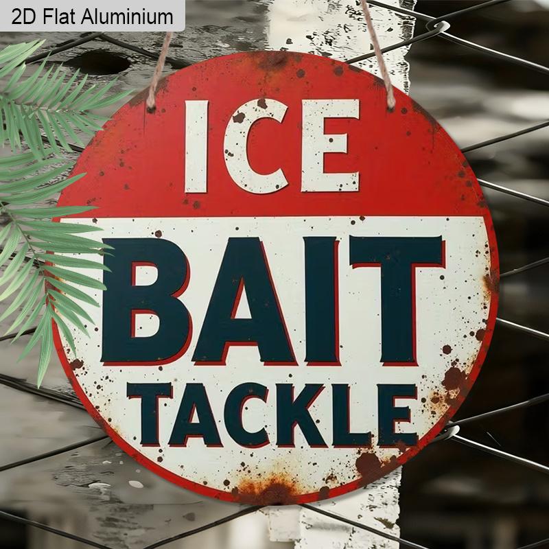 2D Flat Aluminum Rustic Fishing Tackle Shop Billboard Round Metal Sign, Fishing Aluminum Plaque for Man Cave, Garage, Lake House, Pre-Drilled Holes