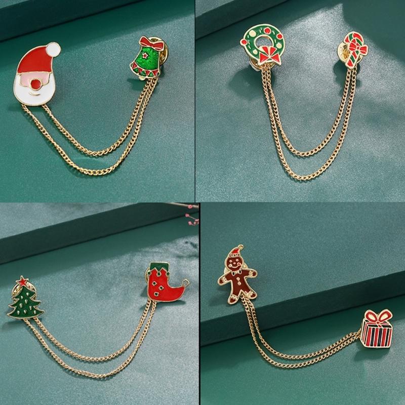 Fashion Christmas Brooch Tassels Chain Clothing Pin Santa Tree Wreath Gift Badges Lapel Pin Party Jewelry Festive Pin
