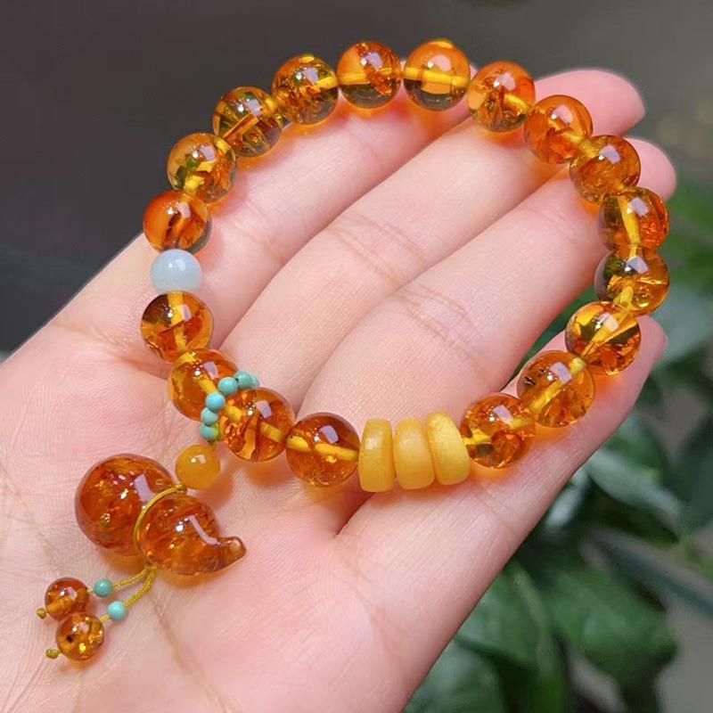 Bracelet unisexe en perles d'ambre ethnique: Design Floral, Perles Rondes en Cire d'Abeille