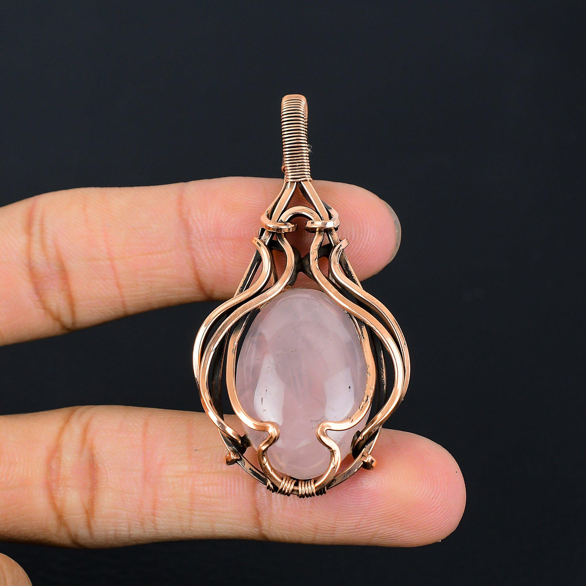 

Розовый кварц, драгоценный камень, кулон ручной работы из чистой медной проволоки, обернутый ювелирными изделиями на День Благодарения 2.46 inches розовый