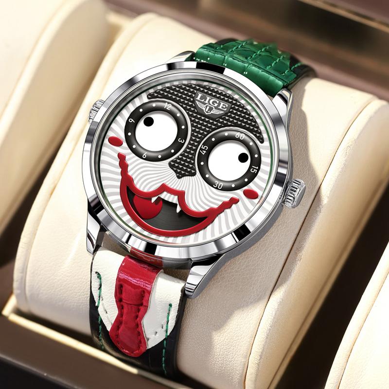 LIGE Creative Joker Watch Men Men's Clown Watches Fashion Leather Strap Waterproof Quartz Wristwatches Moon Phase Clock+BOX