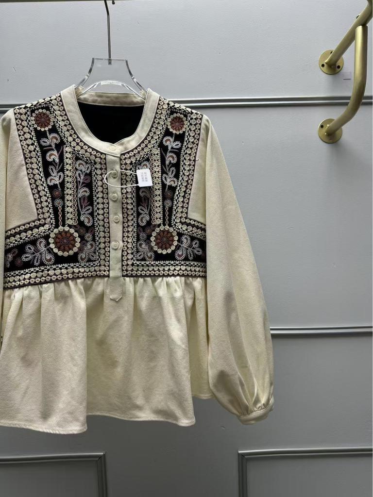 Camicia Larga Ricamata Francese Stile Bohemien con Maniche a Lanterna