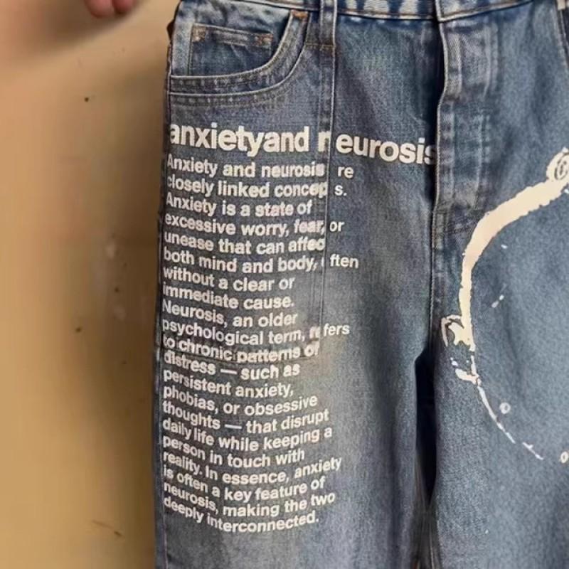 Y2K Retro Streetwear Wide-Leg Denim Pants With Washed Letter Print Unisex Loose Fit Jeans
