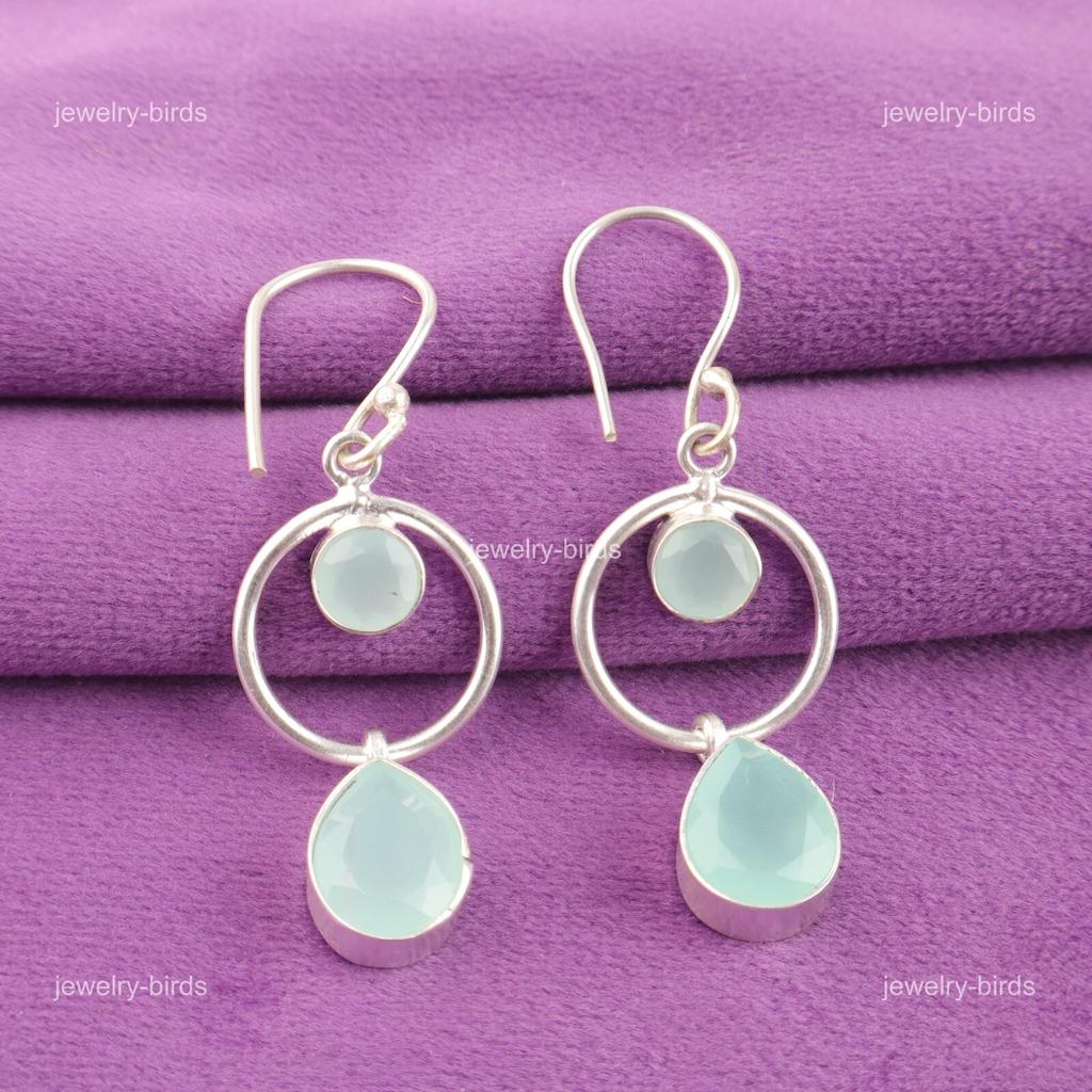 Aqua Chalcedony Gemstone Sterling Silver Drop Dangle Wedding Earrings Jewelry EE-140-6