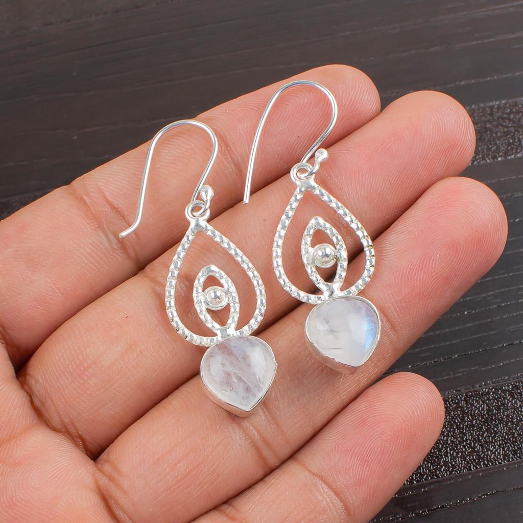 Natural Rainbow Moonstone Gemstone 925 Sterling Silver Handmade Earrings 2.00" EE-32-32