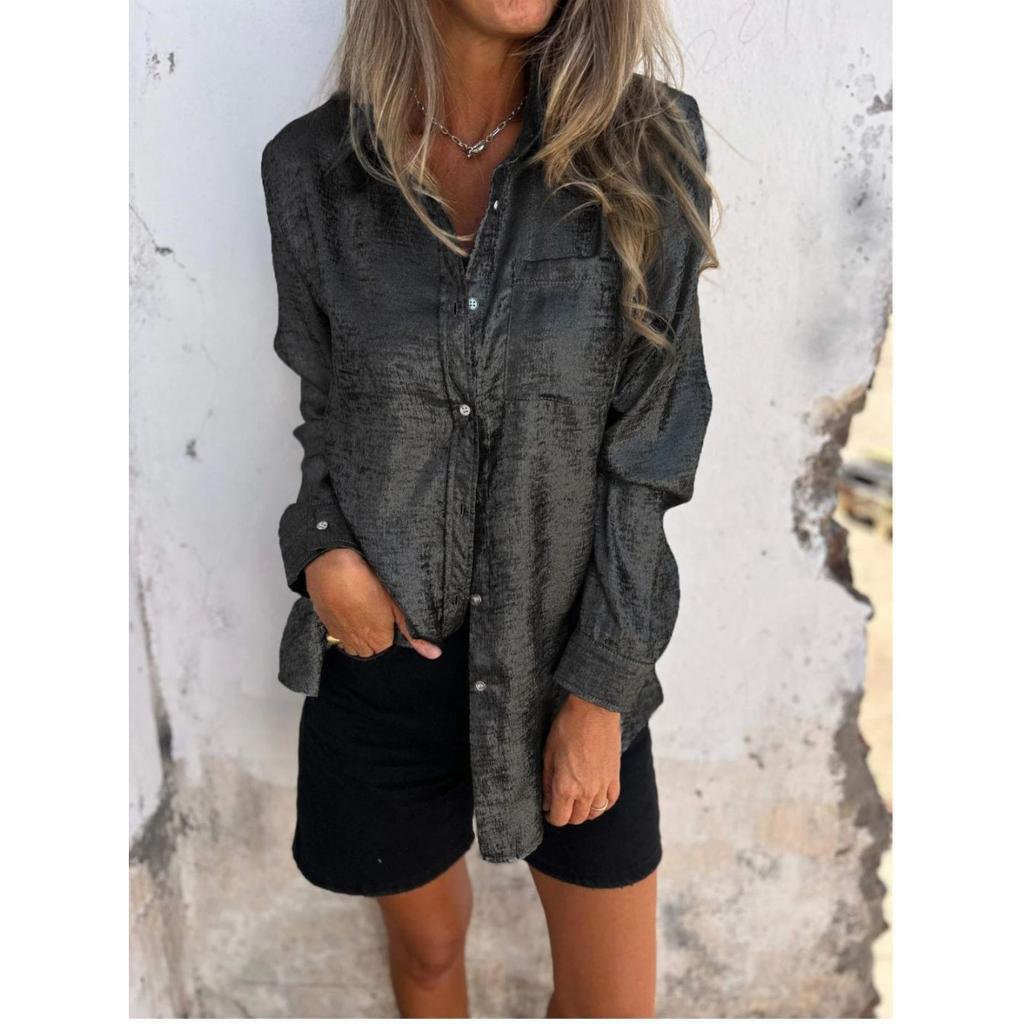 Women's Lapel Collar Long Sleeve Metallic Foil Single Breasted Pocket Loose Casual Shirt Blouse