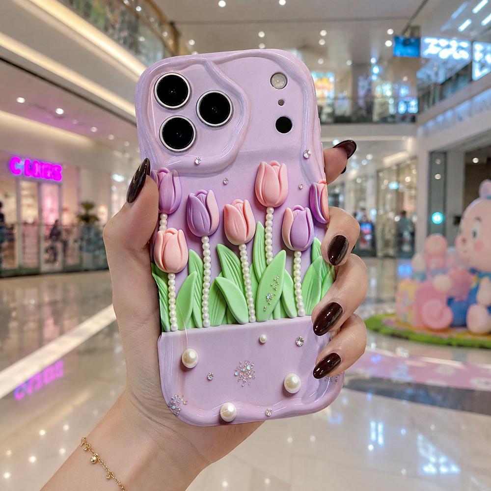 Tulip Pearl Light Lavender Phone Case For iPhone 17 16 15 14 13 12 11 Pro Max Plus Wavy Edge Protective Cover