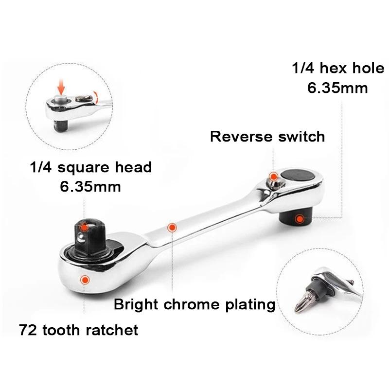 Mini 1/4 Inch Double Ended Quick Socket Ratchet Wrench Rod Screwdriver Bit Tool Contain 1 X Ratchet Handle Wrench Hand Tools