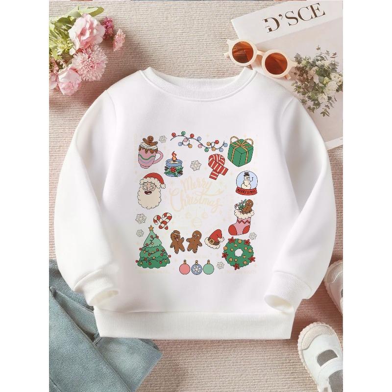 Girls Christmas Delights: A Festive Collection of Icons Print Long Sleeve Crewneck Sweatshirt - Soft Casual Pullover