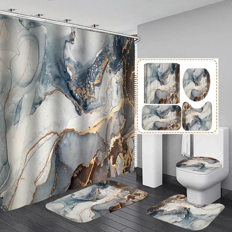 3D Marble Shower Curtain Set Non Slip Bath Rug Waterproof Bathroom  With Hooks Modern Style Toilet Lid Cover Home Decor