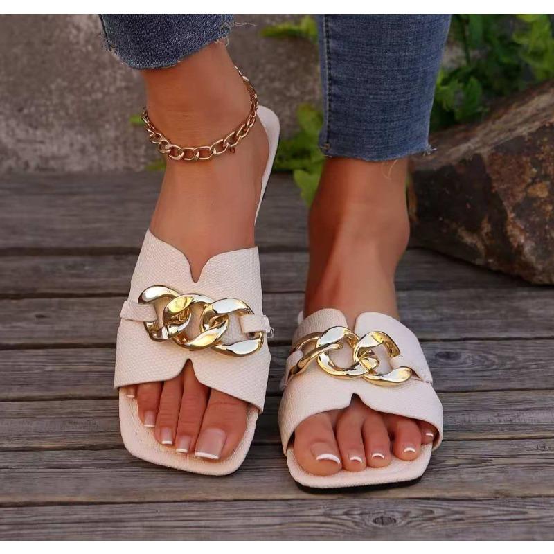 New Flat Leopard Women'S Slippers New American Metal Chain Square Toe Flat Shoes Women'S Sandals Slippers Zapatos