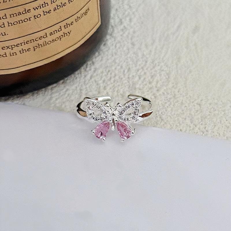 Pink Zircon Full Diamond Butterfly Series Opening Adjustable Ring Light Luxury Sweet Cool Style Niche High-End Ring Woman