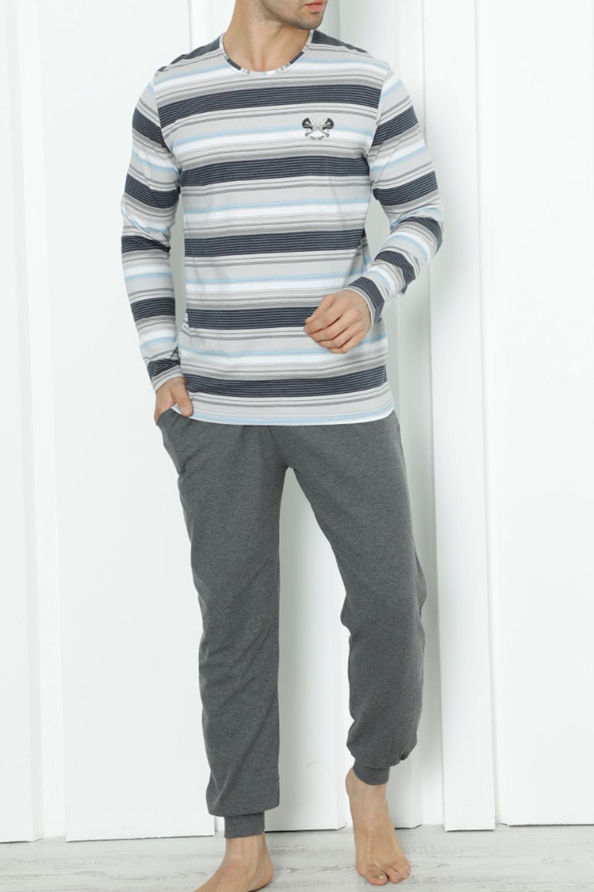 

Мужской пижамный комплект с длинными рукавами и карманами из хлопка и лайкры