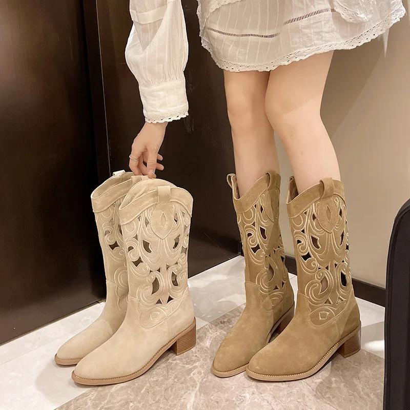 Lady Boots Shoes Boots-Women Luxury Designer Med Summer 2025 Pointy Cowboy Rubber Rock Mid Calf Pointed Toe Mid-Calf