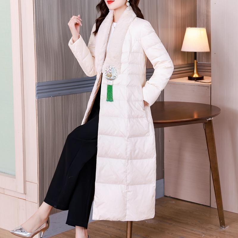 

Зимнее женское пуховое пальто в китайском стиле с лацканами L, длинное улучшенное, теплое, удобное, с v-образным вырезом XXXL бежевый