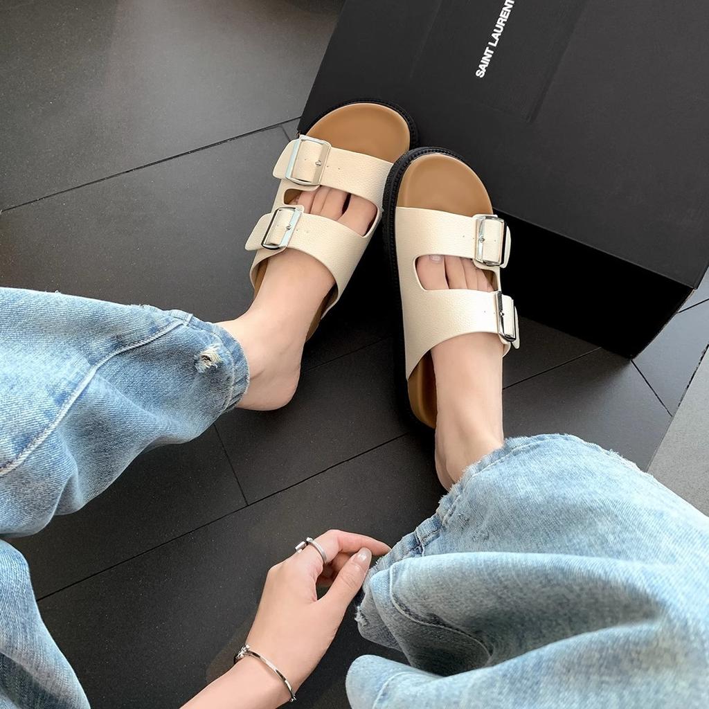 Spot Second Hair! Grape Mother Same Shoes Double Word with Square Buckle Thick-soled Casual Birken Flat-bottomed Cool Slippers Female Summer