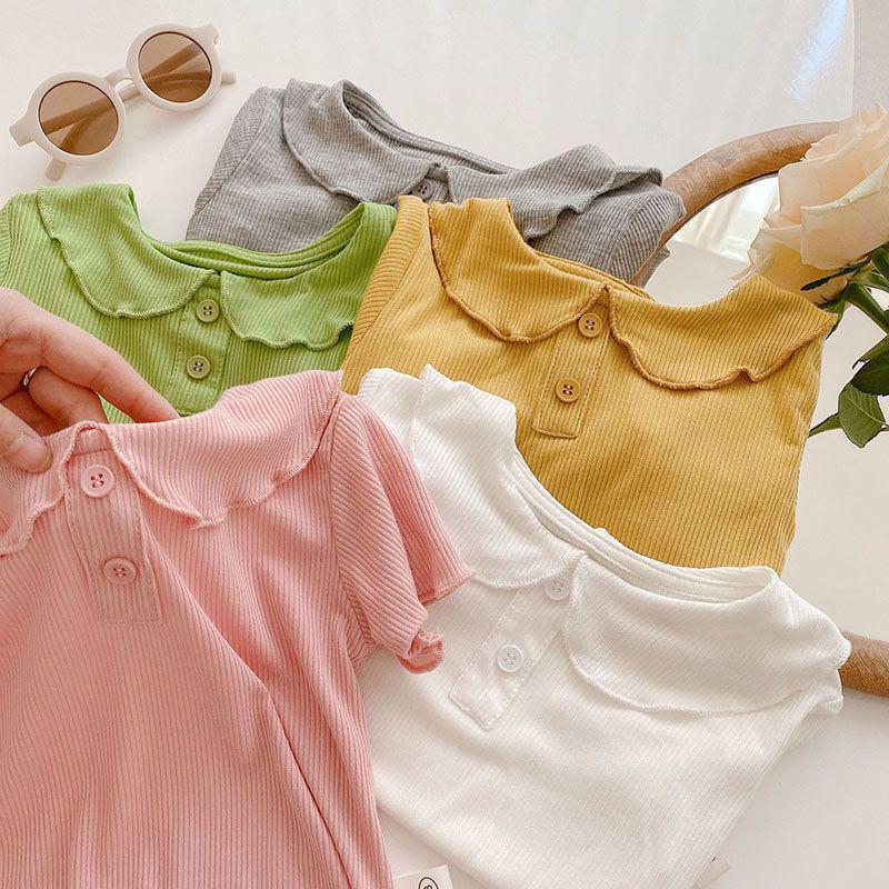 Summer Girls' Ice Silk Peter Pan Collar Short Sleeve T-Shirt – Solid Color, Thin Style, Versatile Children's Top.