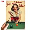 D Flat D FlatOne Vintage Metal Sign Featuring Retro Billiard Wall Art Showcasing A Pool Table And A Female Player This He