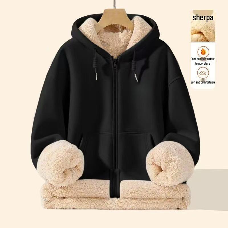 Men's Trendy Fleece-Lined Lambswool Hoodie Jacket with Zipper