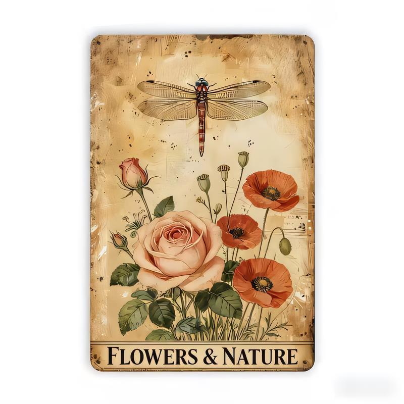 Tin Sign Vintage Flowers Nature Dragonfly Metal Wall Art Plaque Retro Cottagecore Garden Decor for Home Bar Cafe Office Bedroo