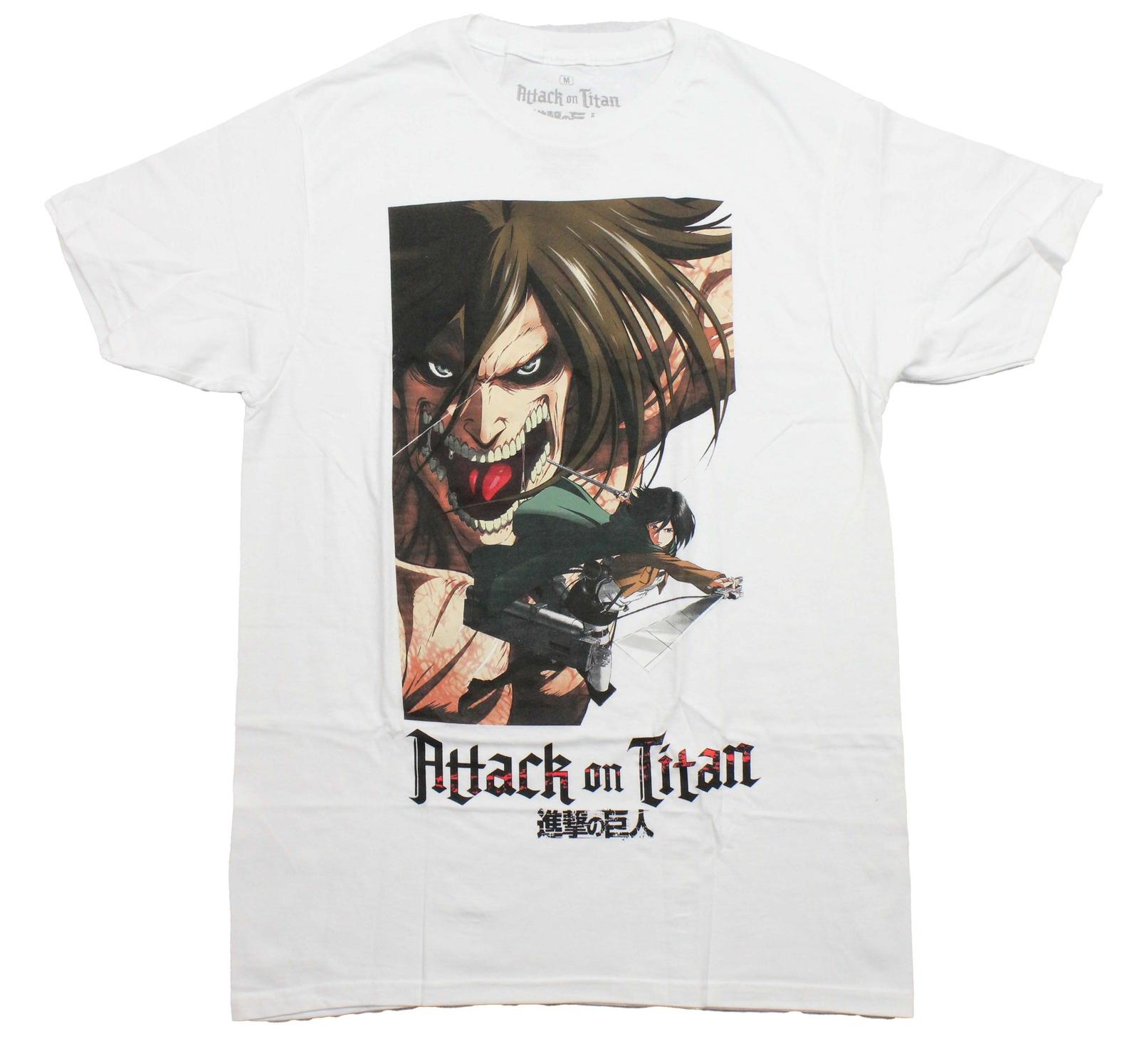 Attack on Titan New Adult T-Shirt - Titan Eren Yaeger Face over Mikasa M