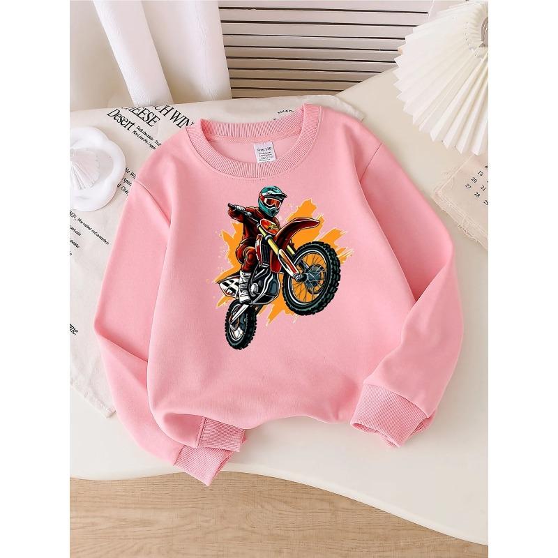 European sizes Girls' Stylish Crewneck Sweatshirt with Dirt Bike Rider Design, Long-Sleeved Casual Top for Young Girls