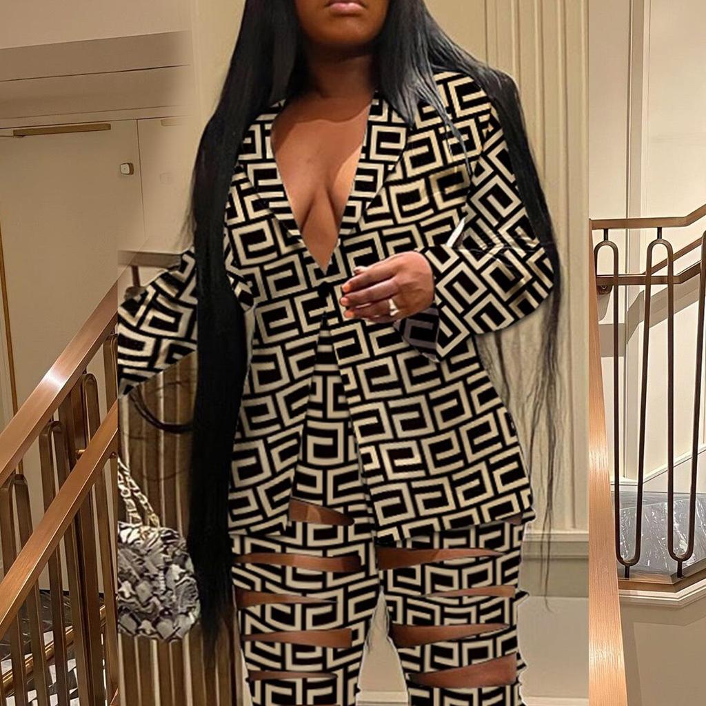 European & American Slim Fit Sexy Print Cardigan Two-Piece Nightclub Set