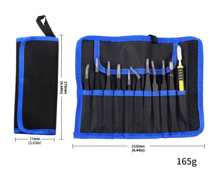 Stainless Steel Tweezers & Pry Bar Set - 10/11 Pieces with Canvas Bag