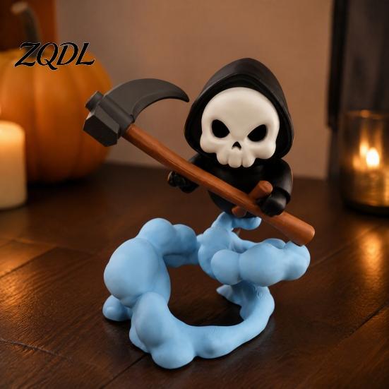 3D Printed PLA Statue Grim Reaper Figurine with Cloud Base, Cute Environmental Friendly Ornament Skeleton Scythe Statue, Halloween Decorative