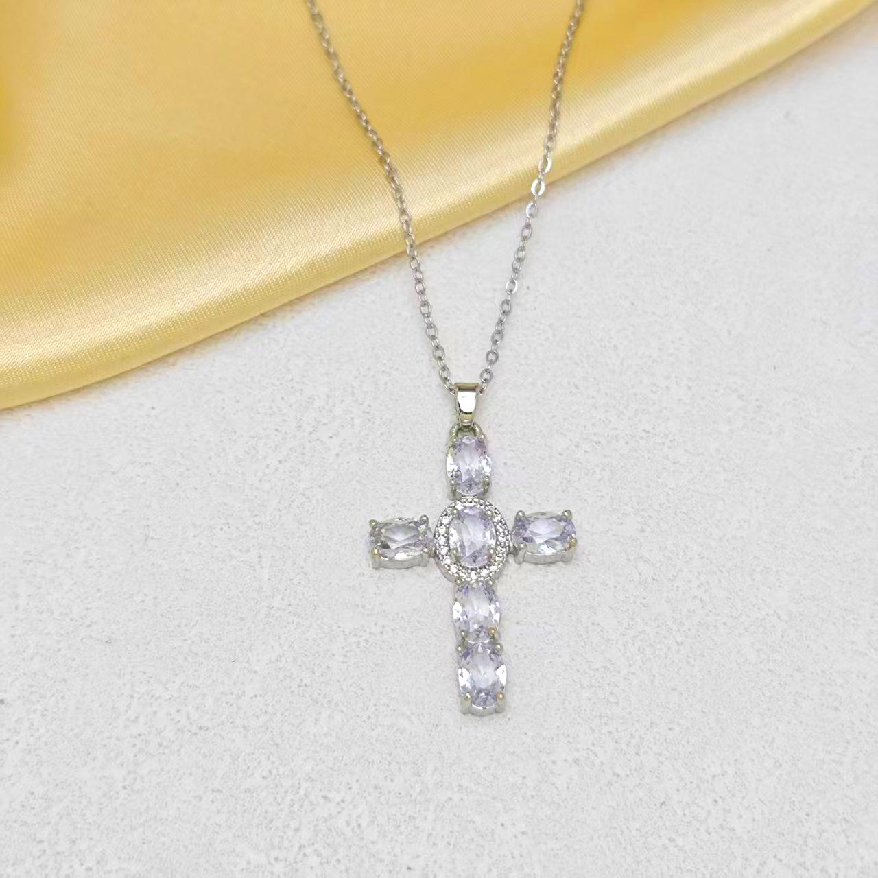 Copper Multi-Color Zircon Cross Pendant Clavicle Chain Necklace