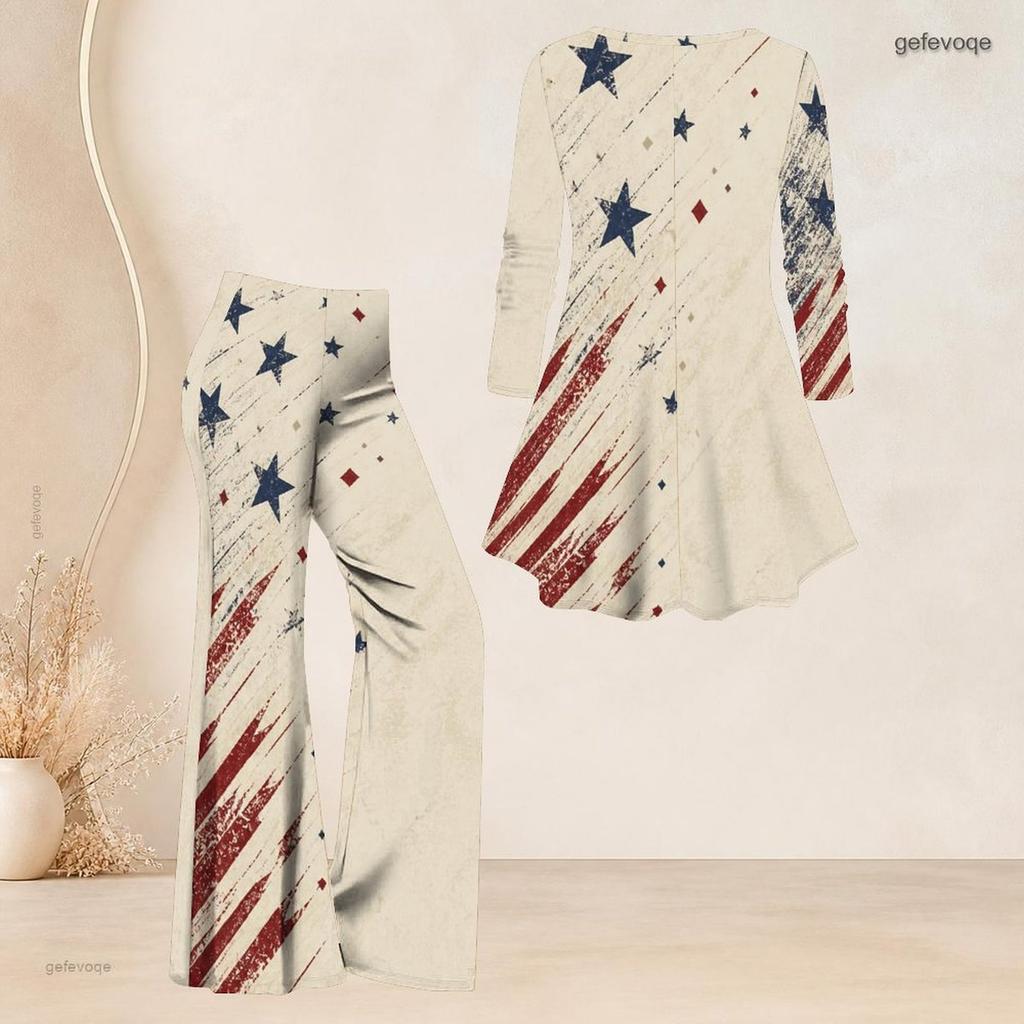 Women Plus Size Beige Printed Two Piece Set V Neck Long Sleeve Flared Top And Flared Pants