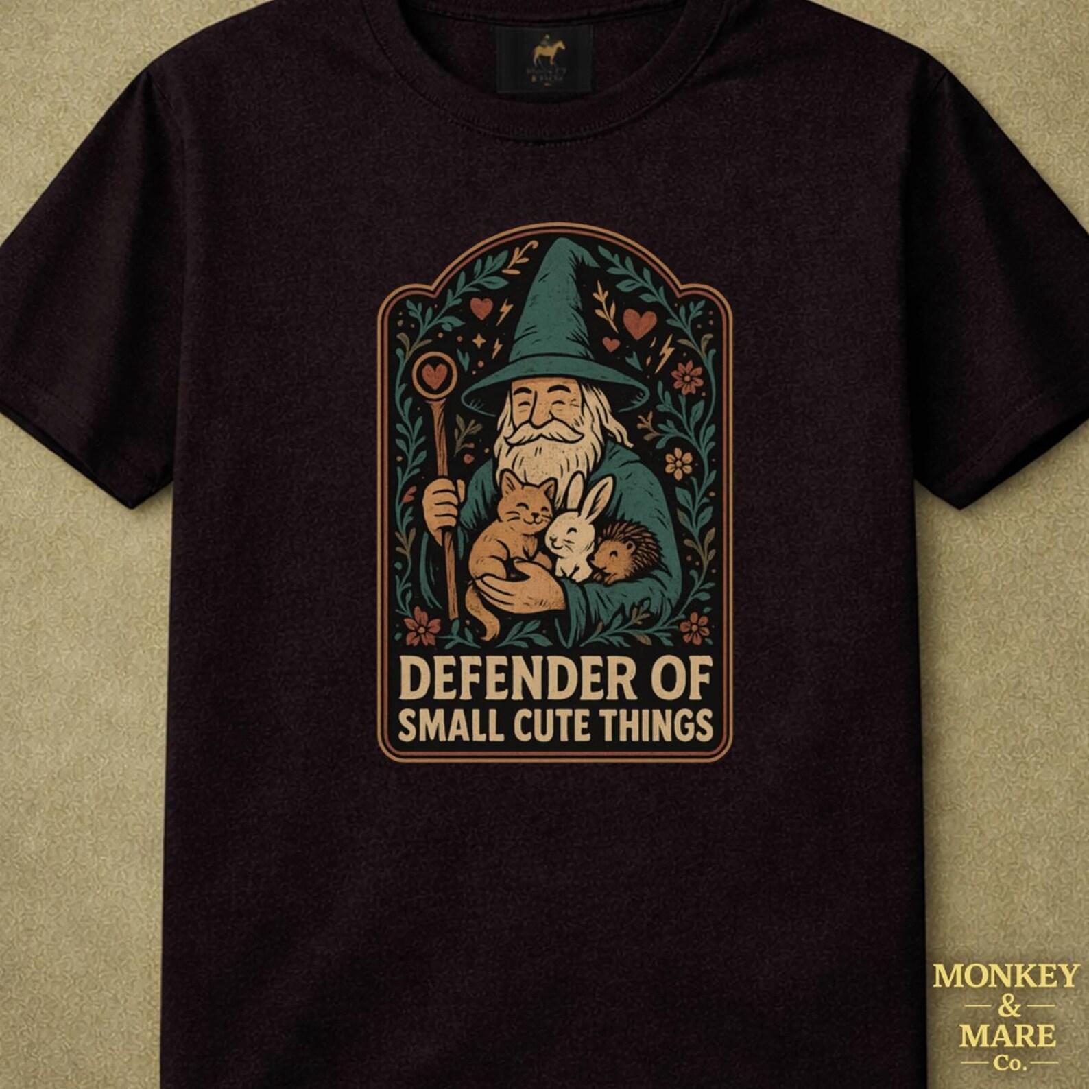 Wizard With Animals Shirt, Defender Of Small Cute Things, Wholesome Fantasy Tee For Animal Lovers XL