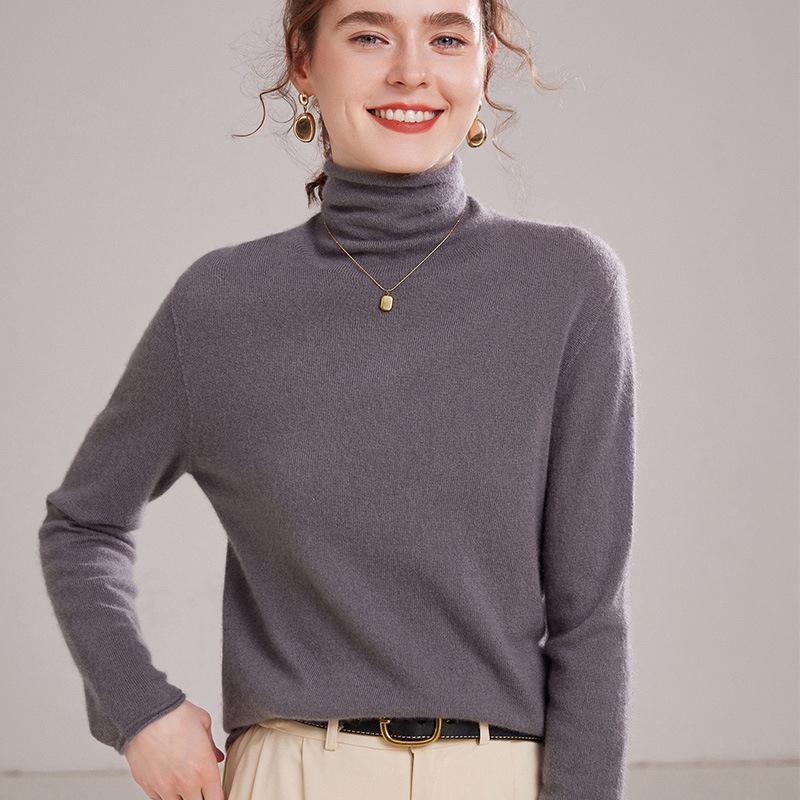 Women’s Cashmere Pile Collar Sweater - High Collar, Knitted, Loose Fit, Slim Inner Layer