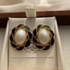Black And White Contrasting Geometric Pearl Stud Earrings Enamel Drip Glaze Court Retro Noble Light Luxury Atmosphere Earrings Women