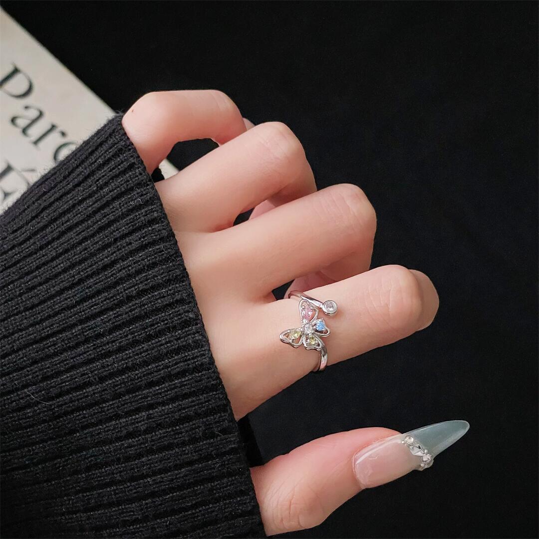 

Rainbow Colored Diamond Butterfly Shining Zir*****Pen Ring Niche Design French Personality Fashion Exquisite Light Luxury Ring Adjustable opening