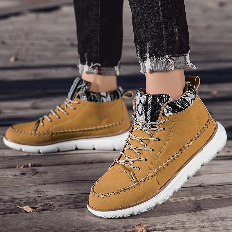 Fashion Classic Fashion Yellow Men's Work Shoes Breathable Leather Casual Shoes for Men Lace-up High-top Shoes Men Zapatos Para Hombres