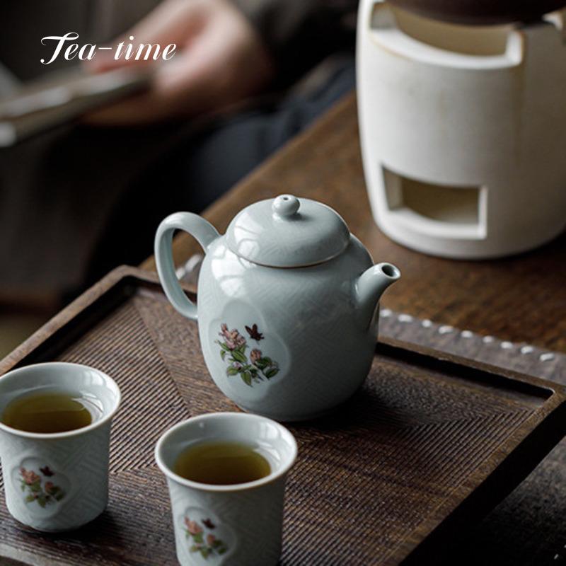 Sky Blue Full of Patterns Teapot Ru Porcelain Tea Brewing Kettle Ceramic Tea Teapots With Filter Chinese Teapot Puer Handmade