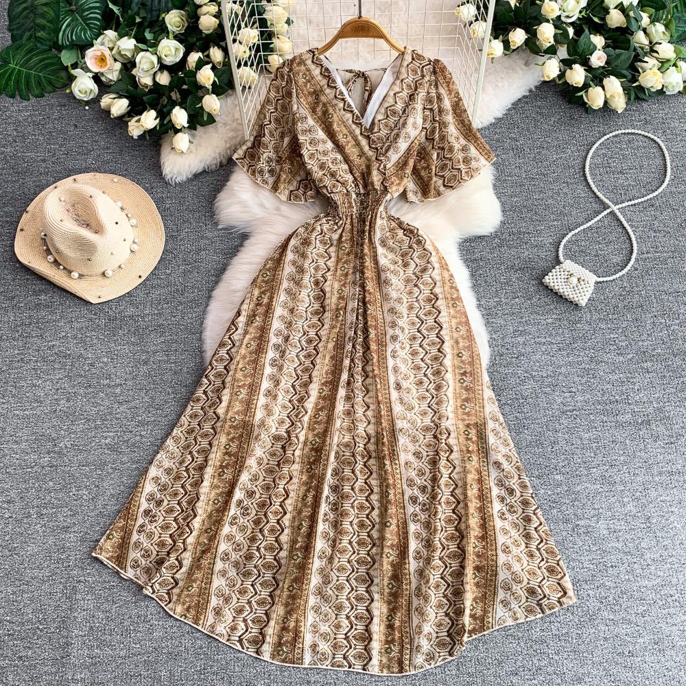 Women's V Neck Floral Chiffon Maxi Dress High Waist A-Line Casual Dress for Summer Vacation