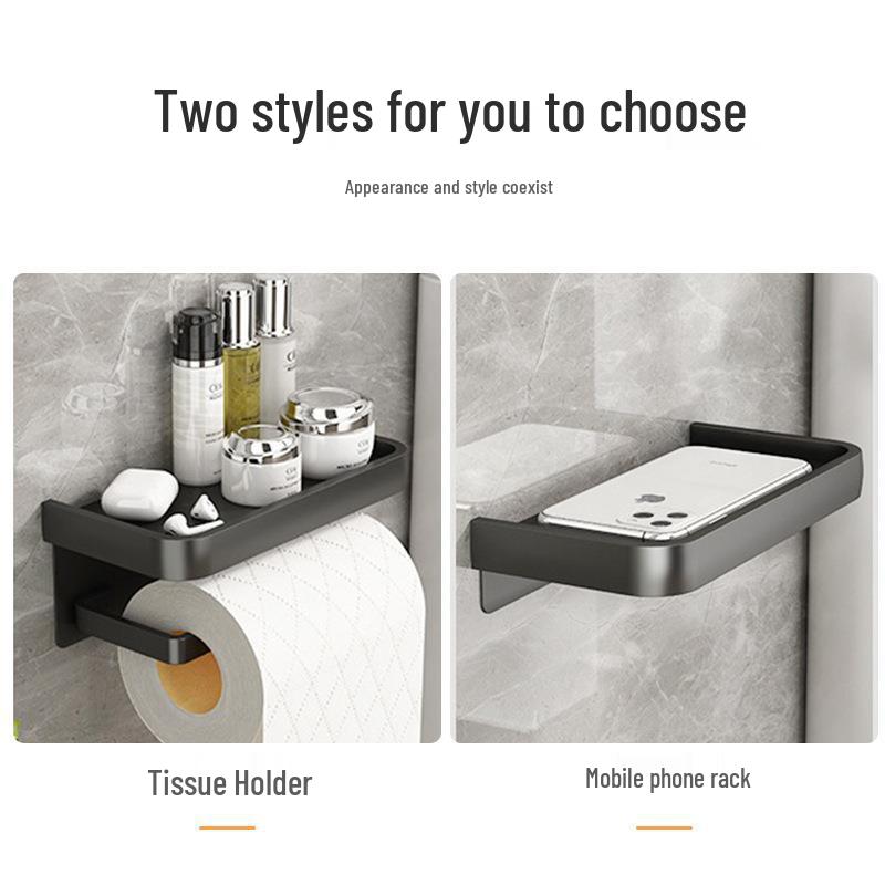 Punch-Free Bathroom Wall-Mounted Tissue and Phone Holder - Aluminum Alloy Shelf for Roll Paper