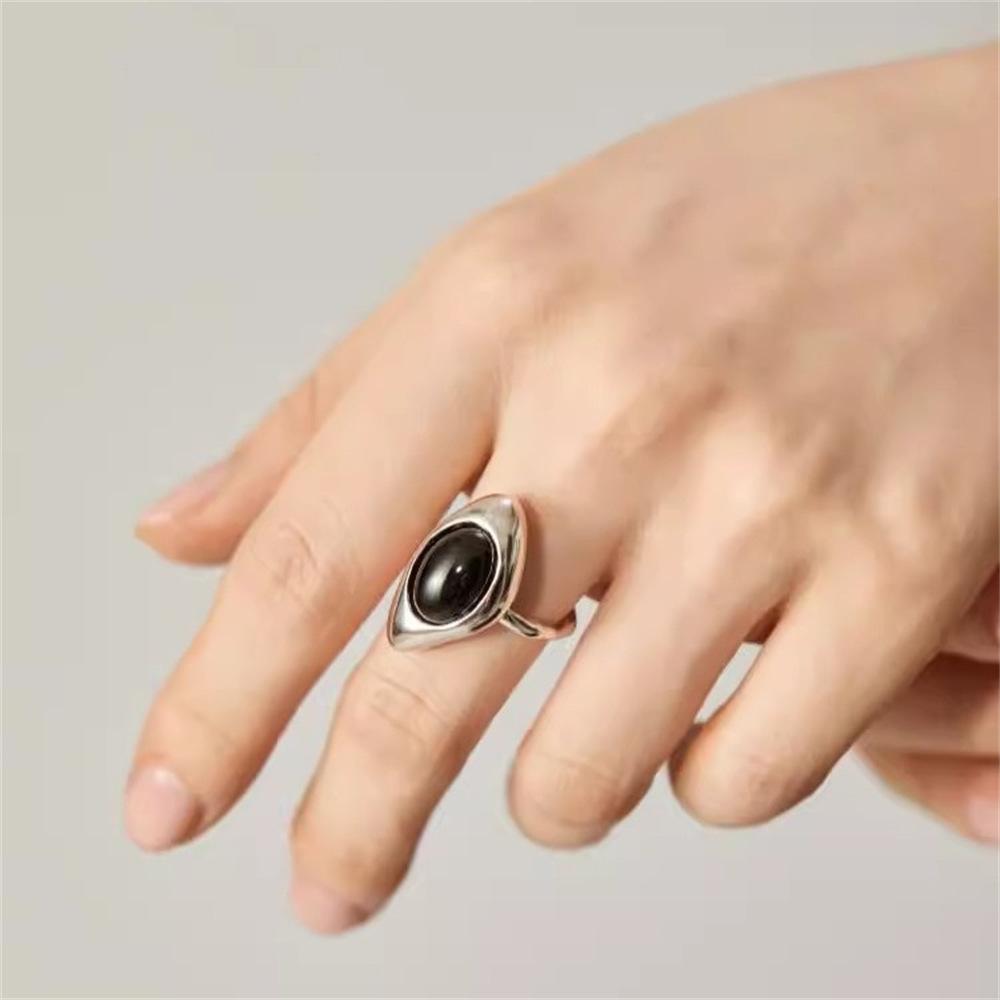 S Sterling Silver Black Agate Irregular Opening Ring Index Finger Ring Ring