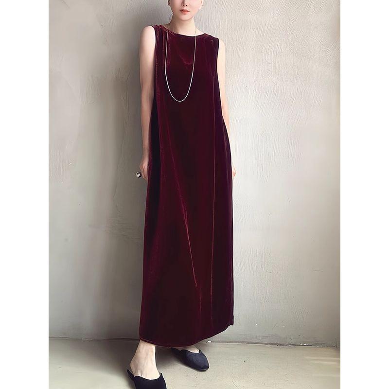 

Silk Elegance Silkworm Velvet off-Neck 2025 Spring and Summer Sleeveless Long Dress Light Dress Elegant Women s Dress Burgundy M